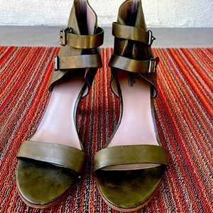 Belle-Sigerson Morrison olive, ankle sandal heeled shoe. 3 1/2 inch. Leather.